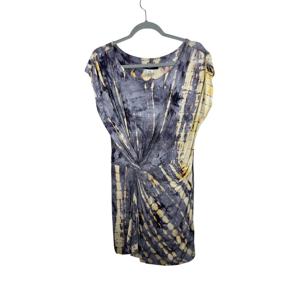 NWT Ariella USA Tie Dyed Mini Dress Cap Sleeve Knot Waist Large Yellow Gray